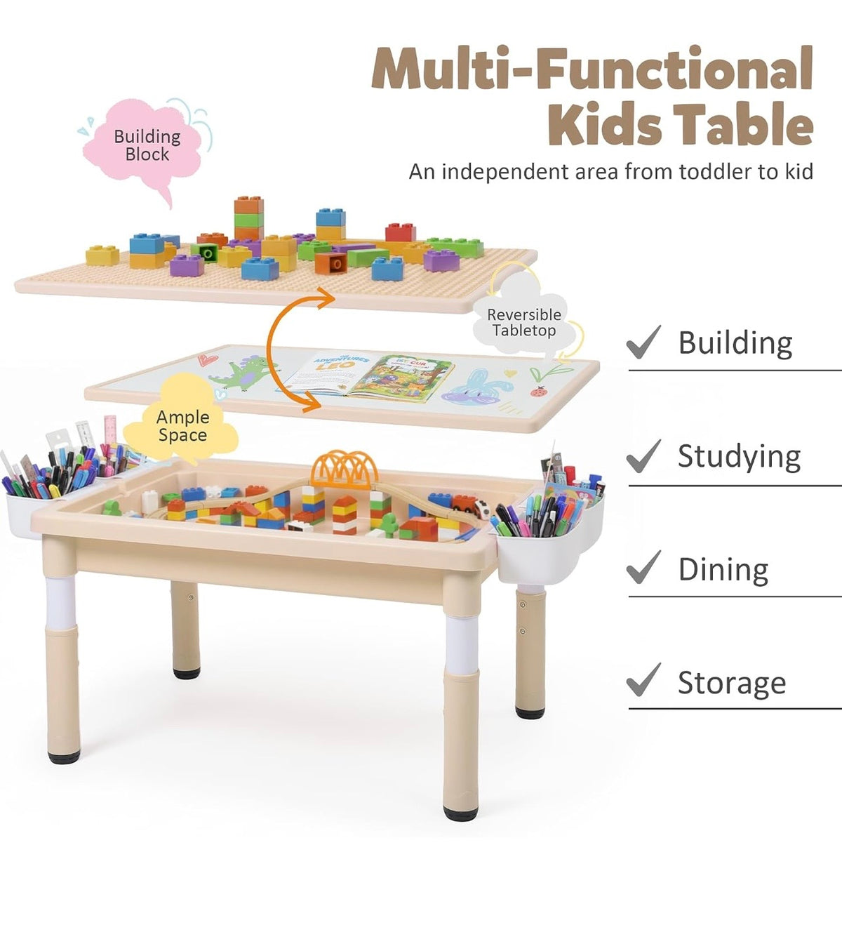 TidyMini™ CreateNest Adjustable Kids Activity Table & Chair Set — Drawing, Building Block, Storage & Play Table