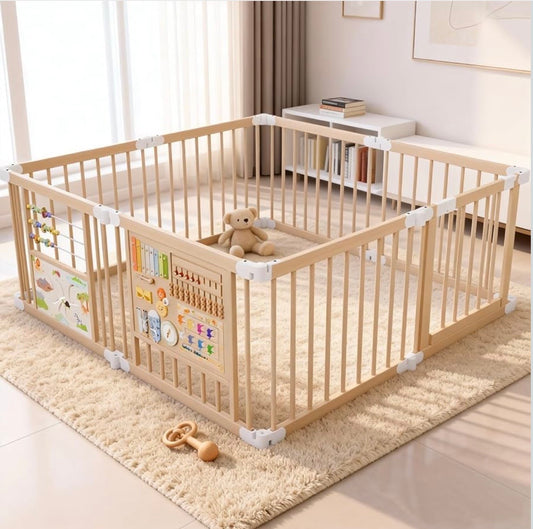 TidyMini™ WonderNest Wooden Activity Playpen — Foldable Baby Play Yard with Interactive Learning Panels