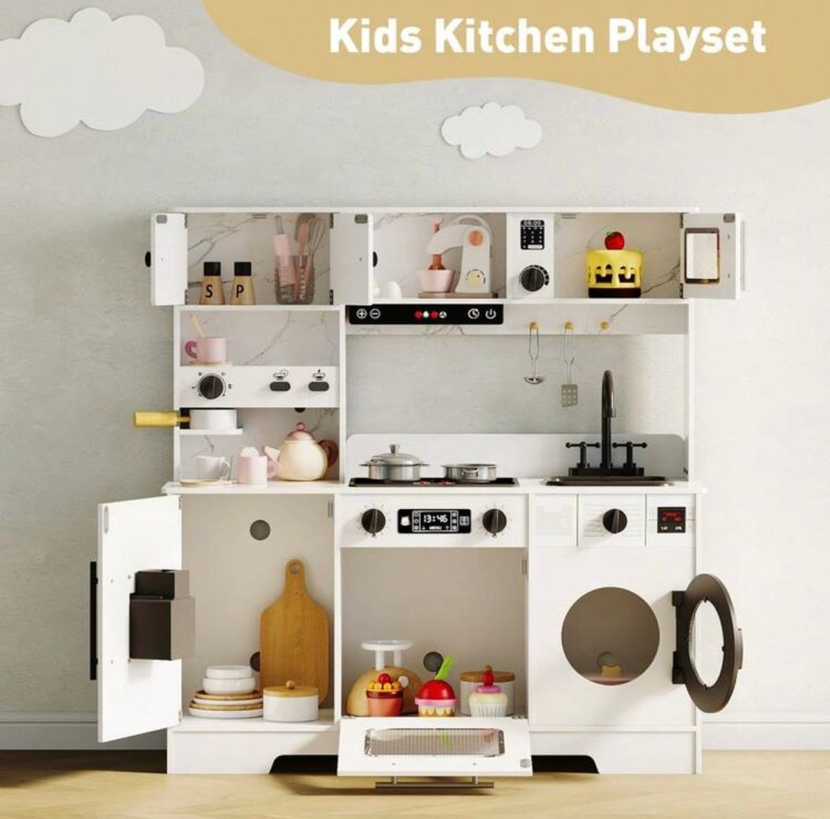 TidyMini™ LittleChef Luxe Play Kitchen Set – Interactive Wooden Kids Kitchen with Coffee Bar, Ice Dispenser, Oven, Sink & Washing Machine