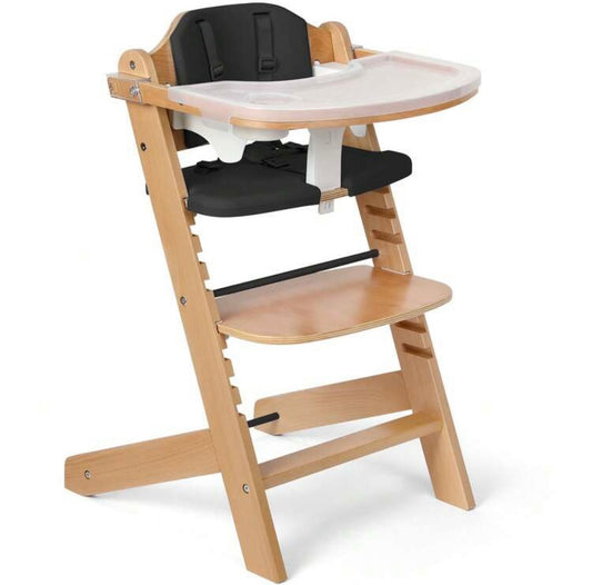 TidyMini™ EverGrow Wooden High Chair – Adjustable Seat & Footrest, 5-Point Harness, Dual Removable Tray & Cushioned Seat