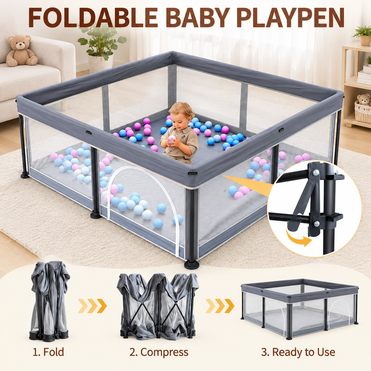 TidyMini™ Fold & Play Baby Playpen with Mesh Sides & Ball Pit