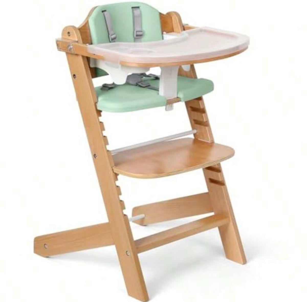 TidyMini™ EverGrow Wooden High Chair – Adjustable Seat & Footrest, 5-Point Harness, Dual Removable Tray & Cushioned Seat