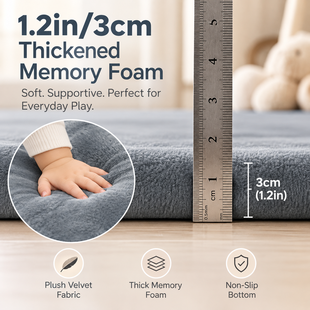 TidyMini™ CozyNest 3CM Plush Padded Play Mat — Extra-Thick Cushioned Floor Mat for Playrooms, Nurseries & Playpens