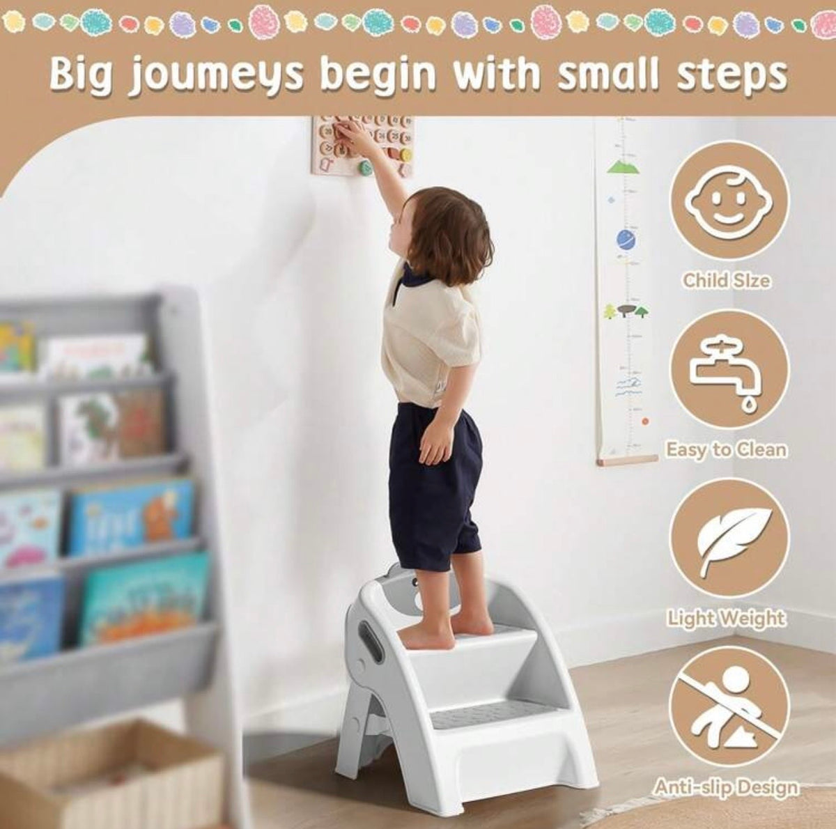 TidyMini StepUp Bear™ 2-Step Folding Toddler Stool with Anti-Slip Steps
