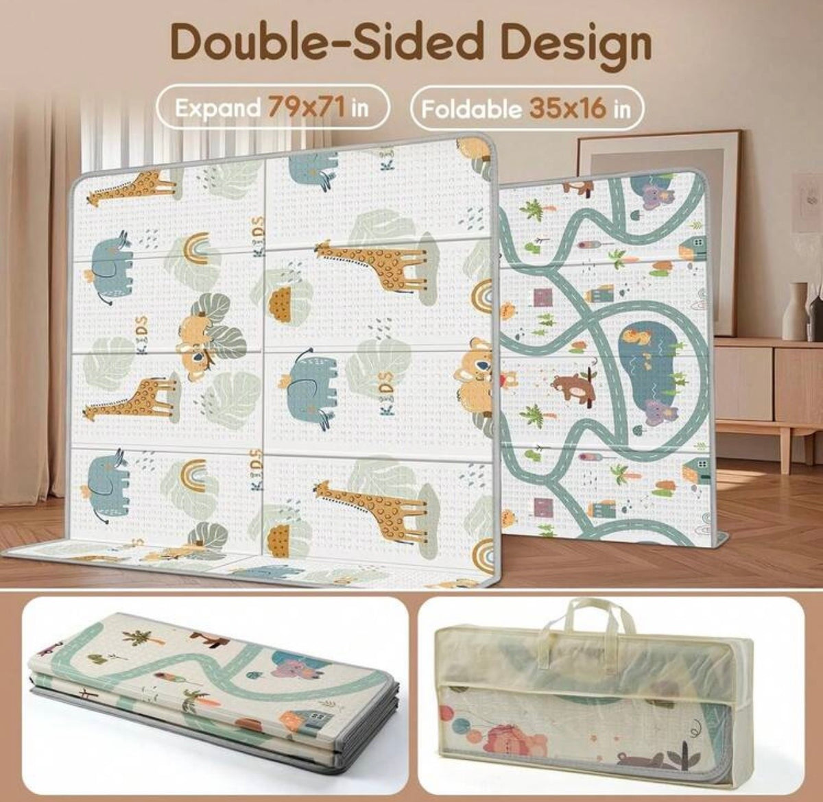 TidyMini™ CloudCrawl Double-Sided Foldable Baby Play Mat — Waterproof Cushioned XPE Crawling Mat, 79” × 71”