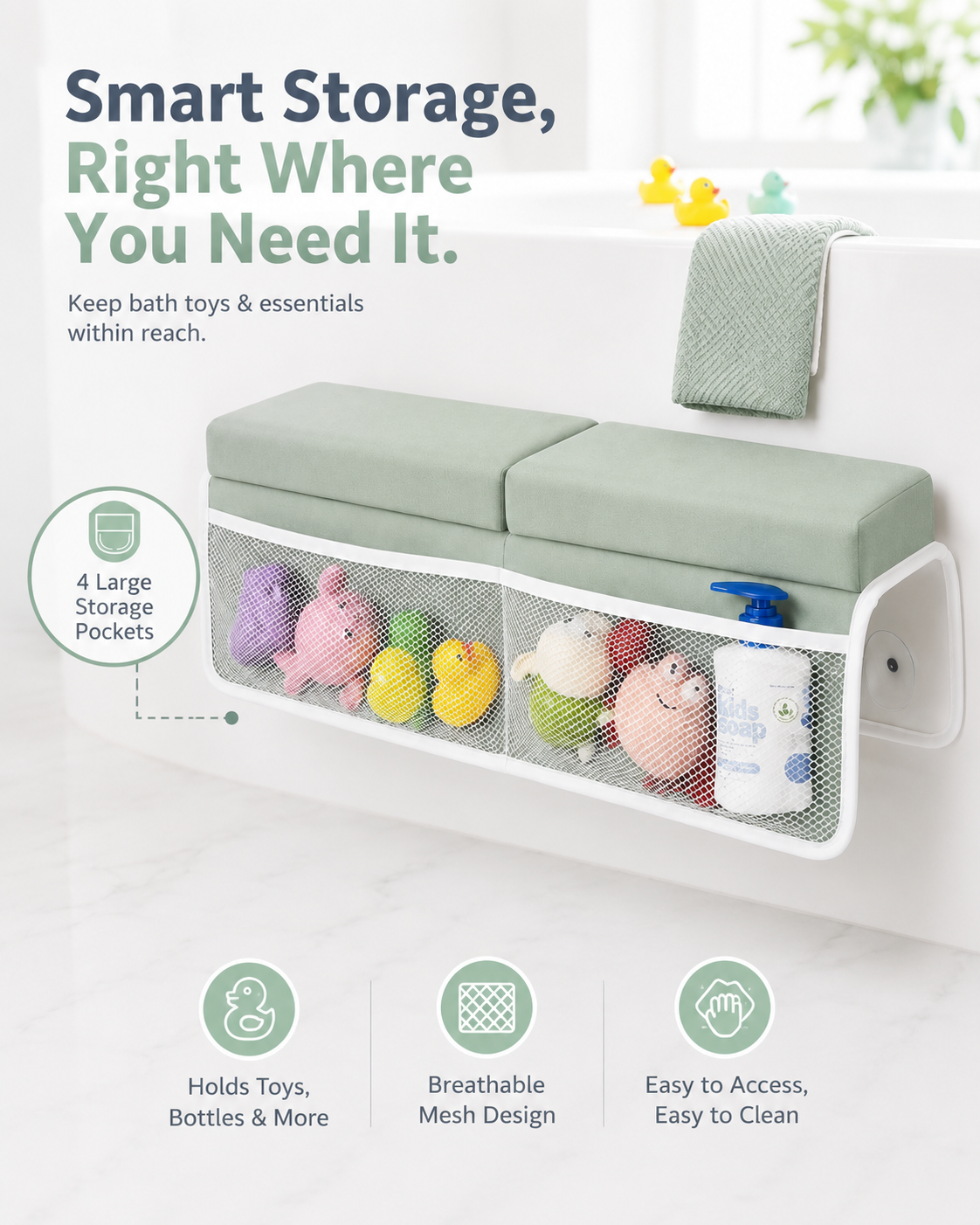TidyMini™ BathCloud 2-in-1 Bath Kneeler & Elbow Rest — Cushioned Bath Support with 4 Storage Pockets