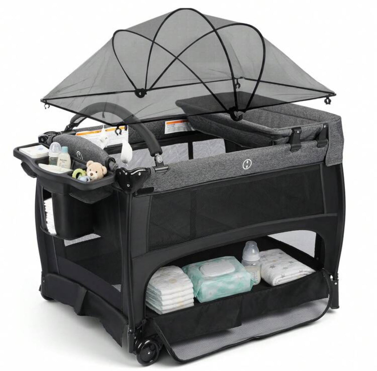 TidyMini™ Nest & Go 5-in-1 Baby Playard with Bassinet, Changing Station & Canopy