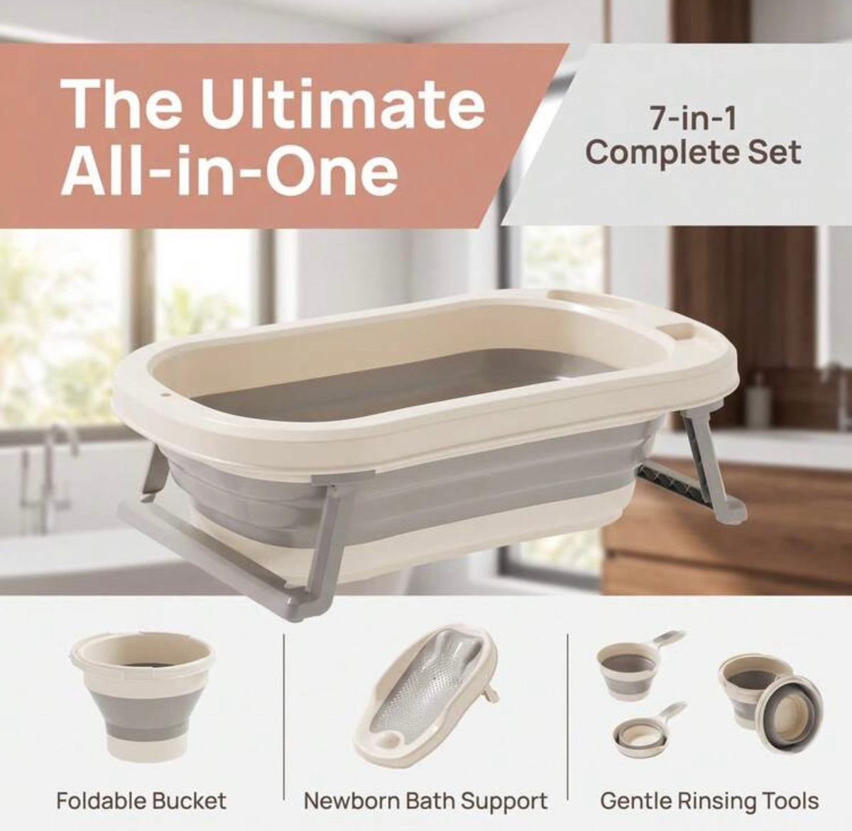 TidyMini™ HaloBath 7-in-1 Complete Baby Bath System — Foldable Bathtub with Newborn Support & Bath Accessories