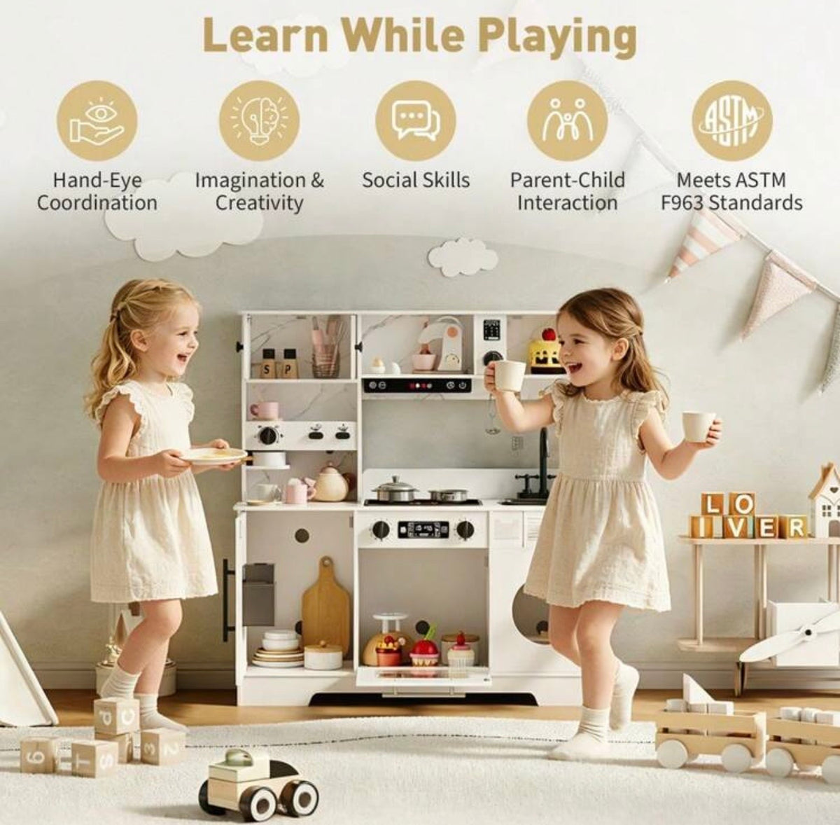 TidyMini™ LittleChef Luxe Play Kitchen Set – Interactive Wooden Kids Kitchen with Coffee Bar, Ice Dispenser, Oven, Sink & Washing Machine