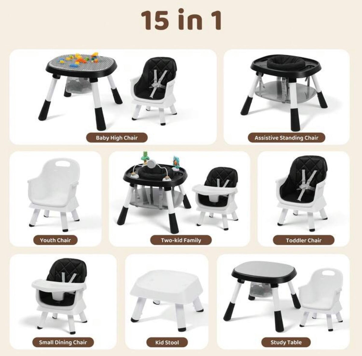 TidyMini™ EverGrow 15-in-1 Convertible High Chair — Booster Seat, Activity Center, Kids Table & Chair System