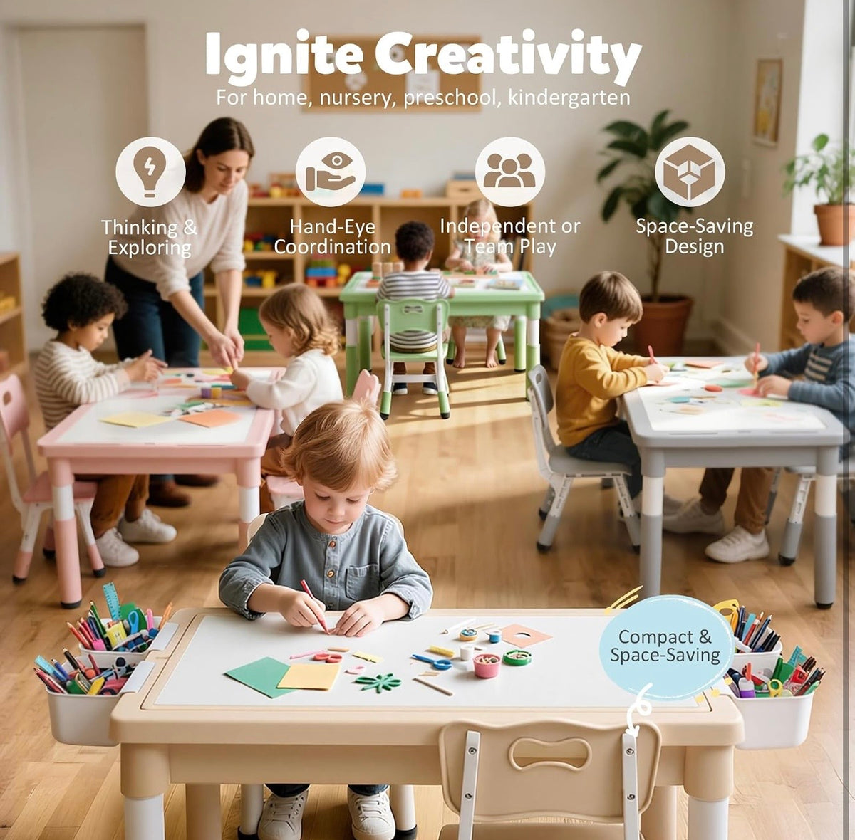 TidyMini™ CreateNest Adjustable Kids Activity Table & Chair Set — Drawing, Building Block, Storage & Play Table