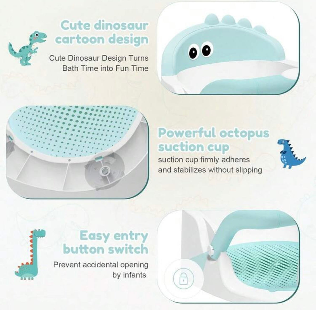 TidyMini™ DinoSit Baby Bath Seat — 360° Support with Non-Slip Cushion & Suction Base