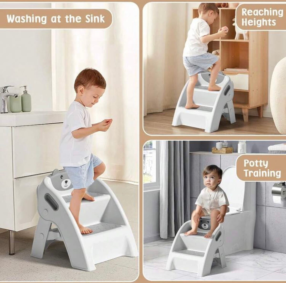 TidyMini StepUp Bear™ 2-Step Folding Toddler Stool with Anti-Slip Steps