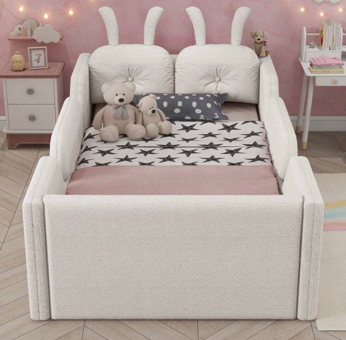 TidyMini BunnyNest™ Upholstered Twin Kids Bed with Guardrails