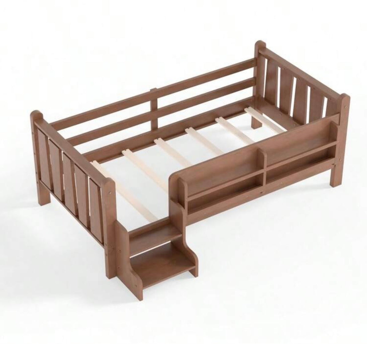 TidyMini™ StoryStep Twin Floor Bed with Bookcase Guardrail & Stairs