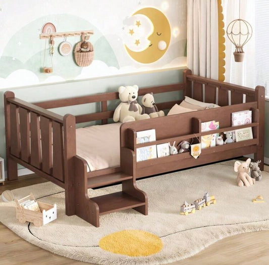 TidyMini™ StoryStep Twin Floor Bed with Bookcase Guardrail & Stairs