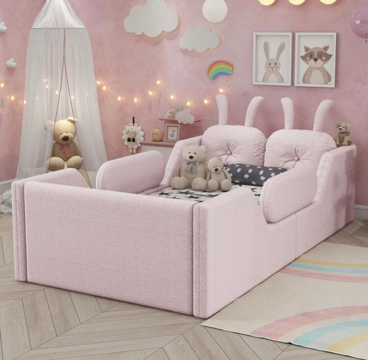 TidyMini BunnyNest™ Upholstered Twin Kids Bed with Guardrails