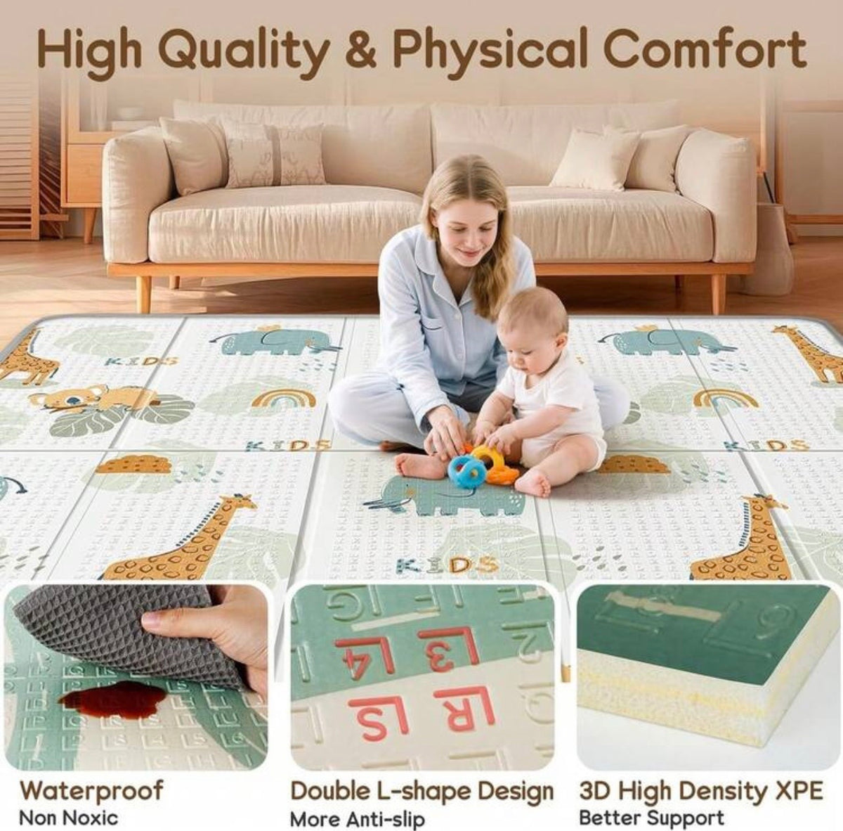 TidyMini™ CloudCrawl Double-Sided Foldable Baby Play Mat — Waterproof Cushioned XPE Crawling Mat, 79” × 71”