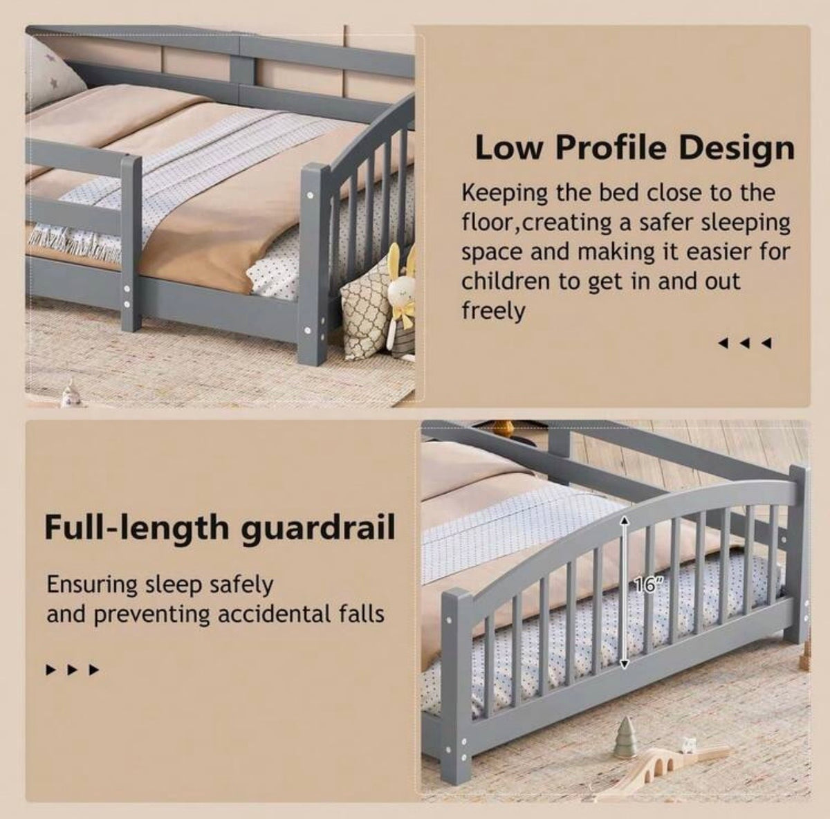 TidyMini Haven™ Montessori Floor Bed with Guardrails