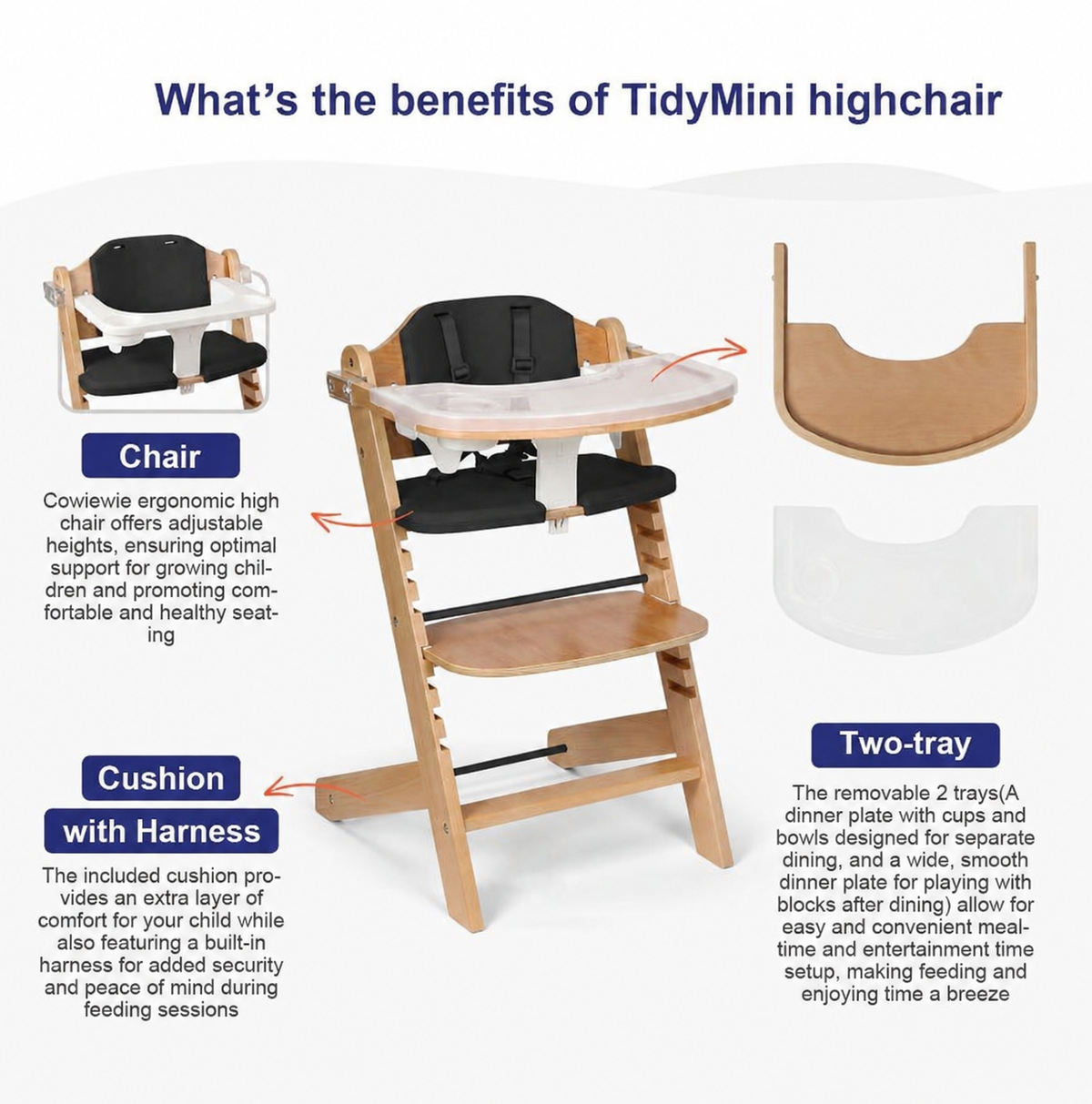TidyMini™ EverGrow Wooden High Chair – Adjustable Seat & Footrest, 5-Point Harness, Dual Removable Tray & Cushioned Seat