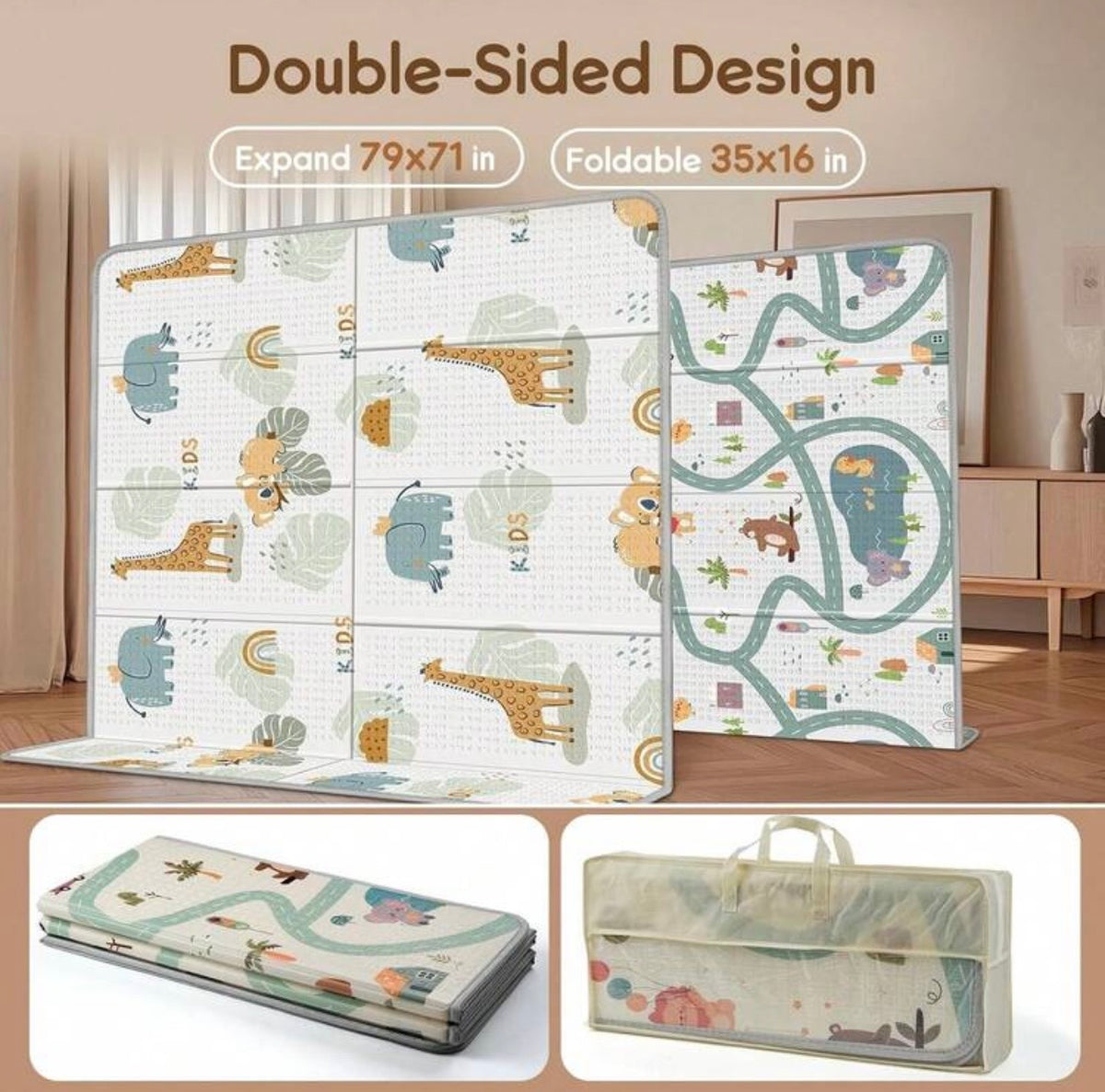TidyMini™ CloudCrawl Double-Sided Foldable Baby Play Mat — Waterproof Cushioned XPE Crawling Mat, 79” × 71”