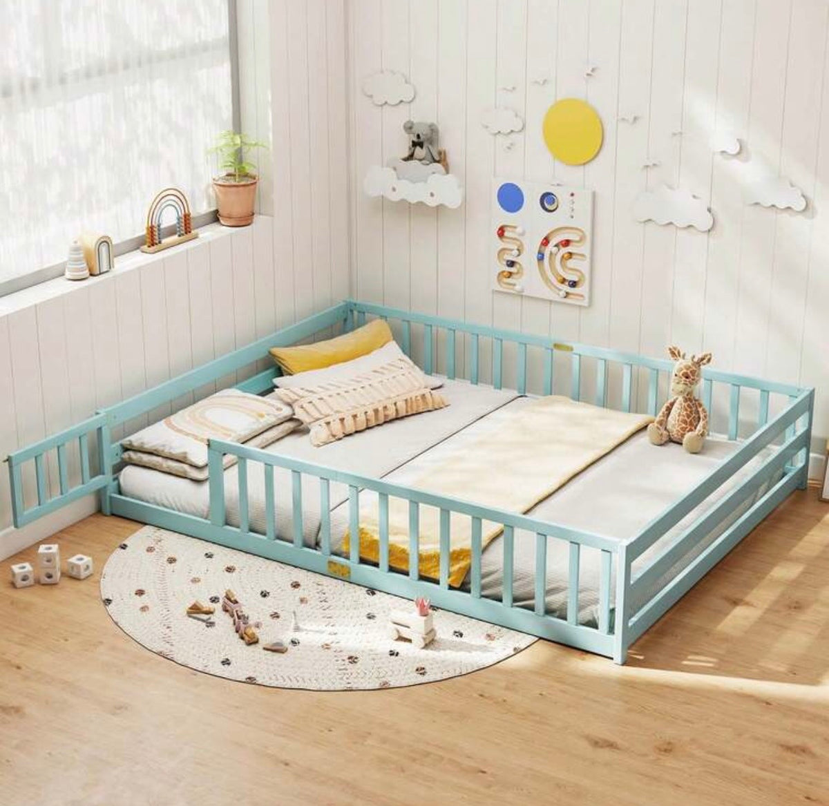 TidyMini DreamHaven™ Queen Floor Bed with Guardrails & Removable Door