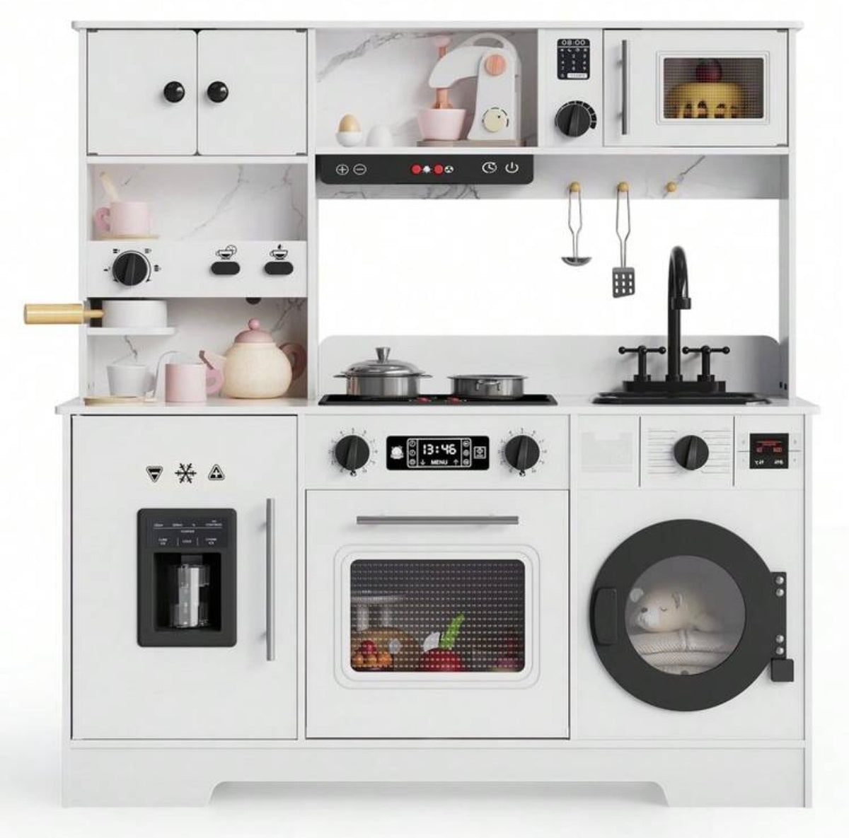 TidyMini™ LittleChef Luxe Play Kitchen Set – Interactive Wooden Kids Kitchen with Coffee Bar, Ice Dispenser, Oven, Sink & Washing Machine