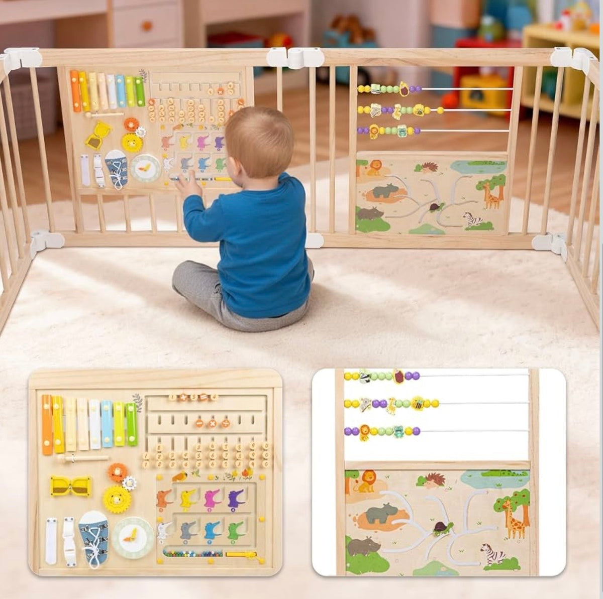 TidyMini™ WonderNest Wooden Activity Playpen — Foldable Baby Play Yard with Interactive Learning Panels