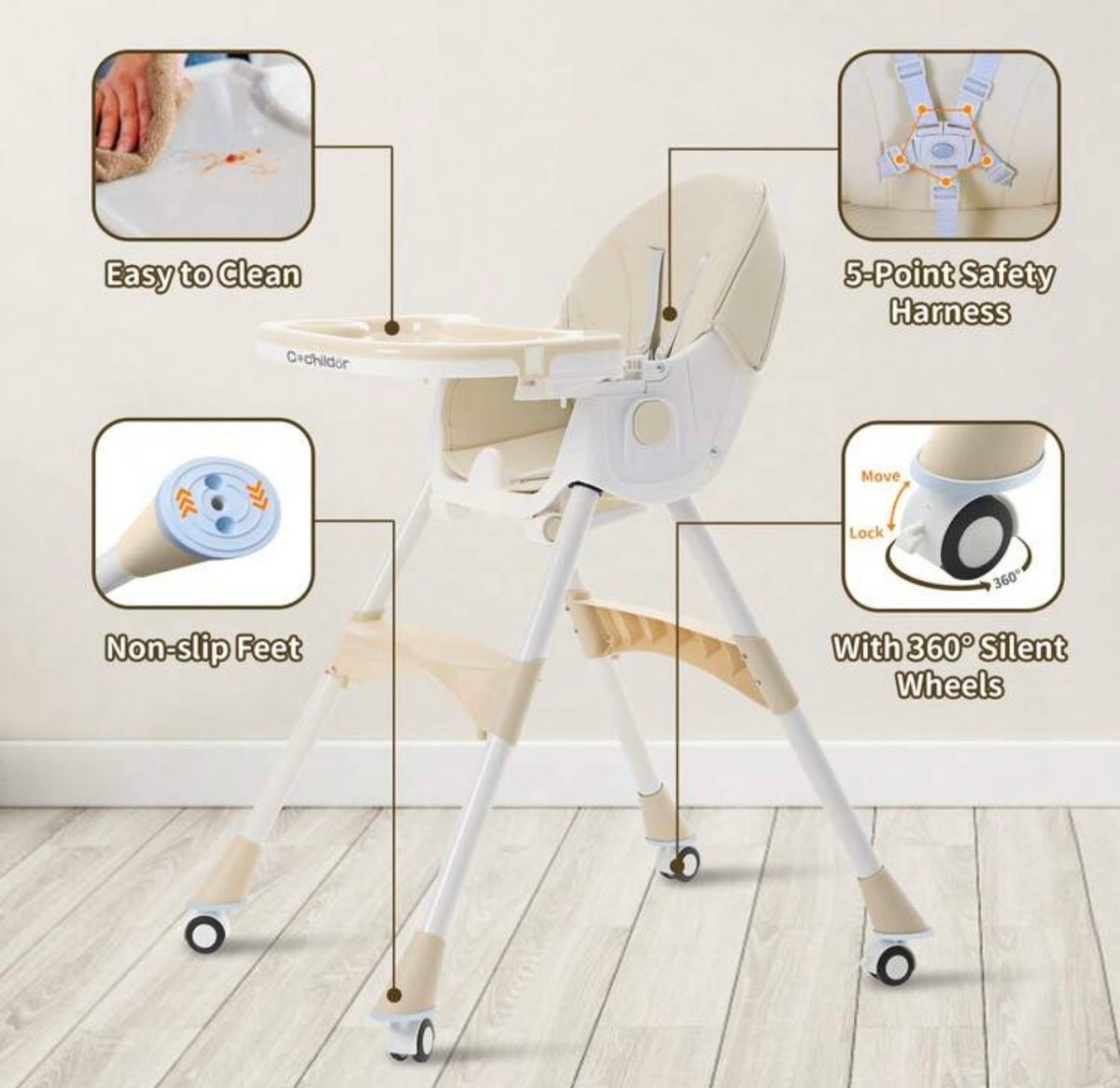 TidyMini™ GlideNest 4-in-1 Convertible High Chair — Adjustable Recline, Rolling & Rocking Modes, 5-Point Harness