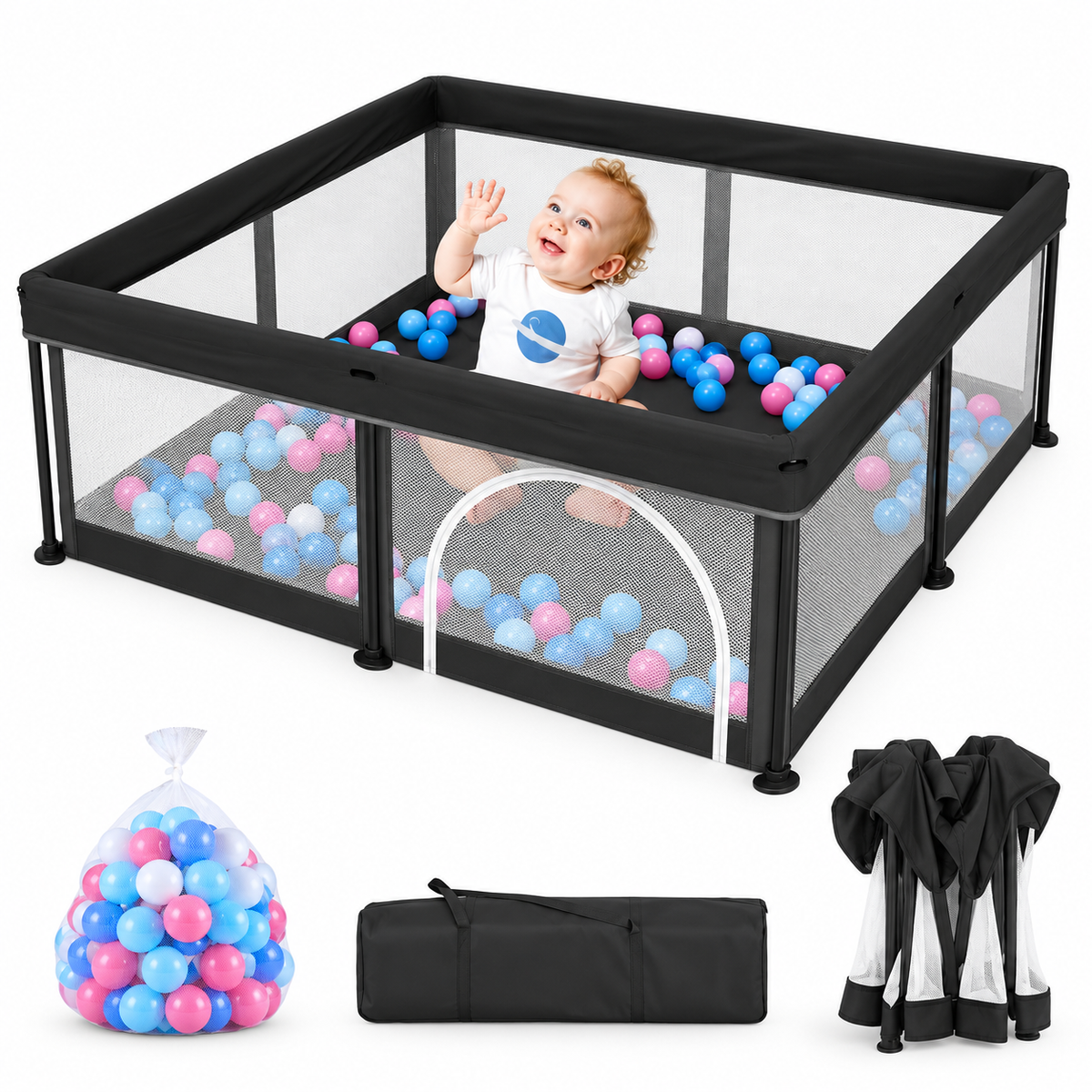 TidyMini™ Fold & Play Baby Playpen with Mesh Sides & Ball Pit