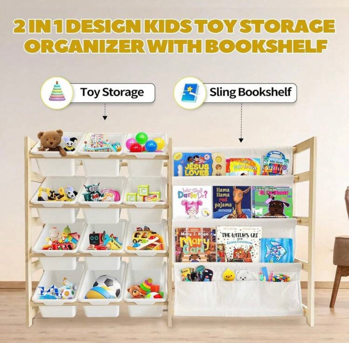 TidyMini™ StorySort 2-in-1 Toy Organizer & Sling Bookshelf