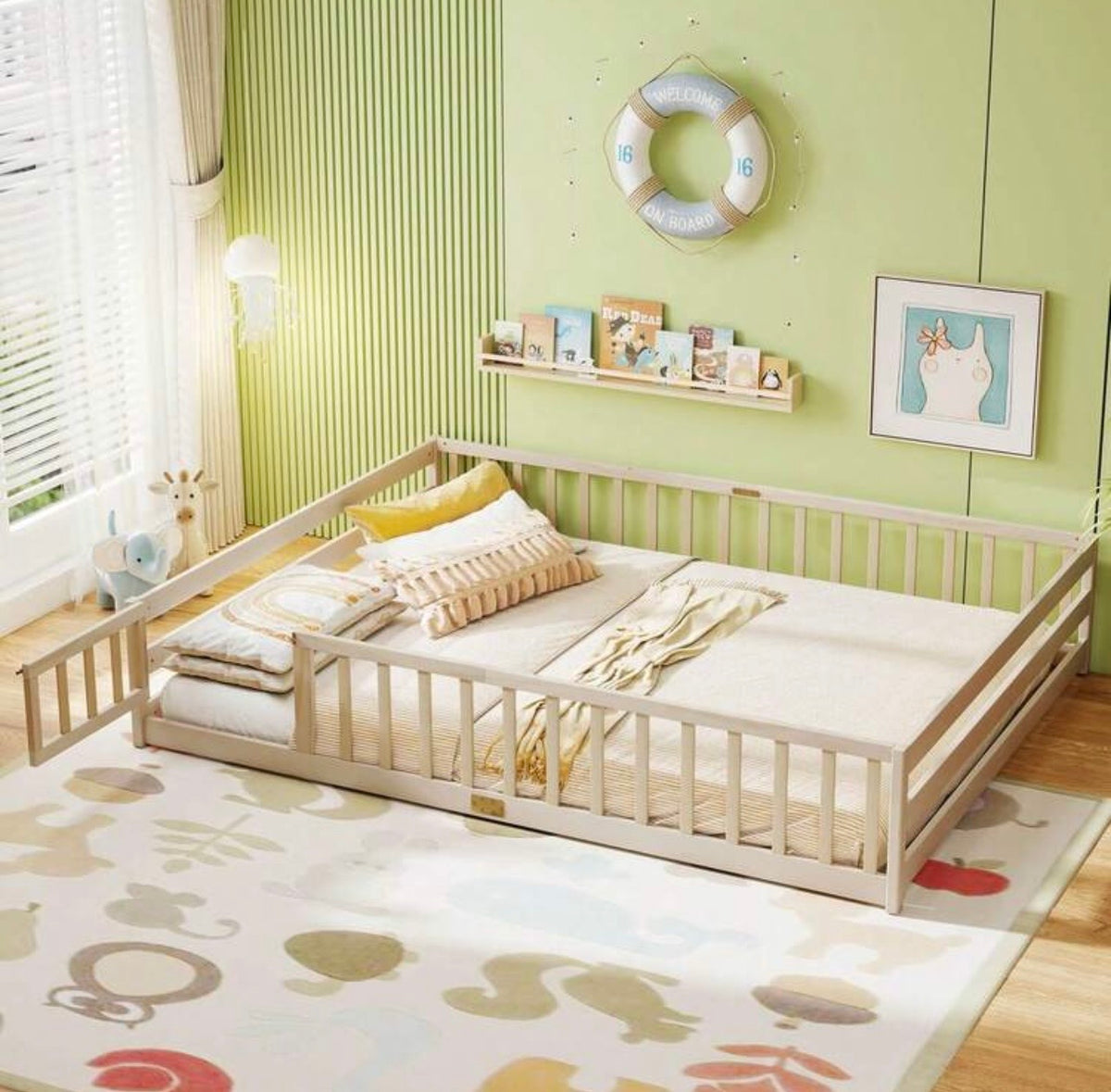 TidyMini DreamHaven™ Queen Floor Bed with Guardrails & Removable Door
