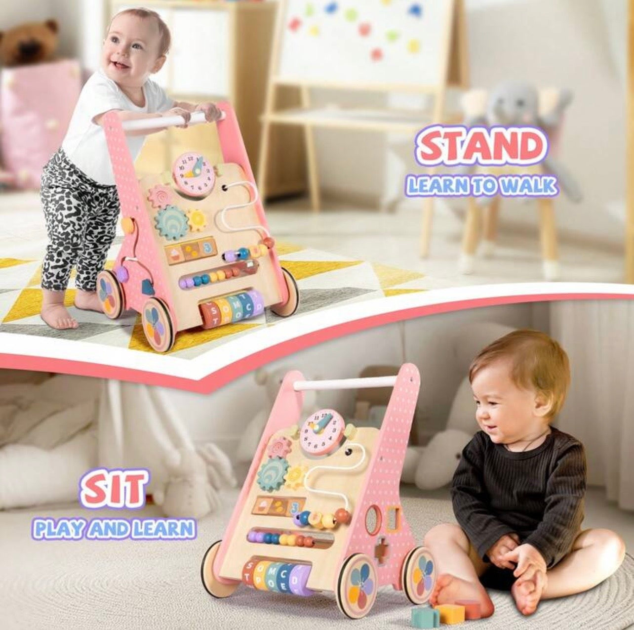TidyMini™ Montessori Wooden Baby Push Walker & Activity Center